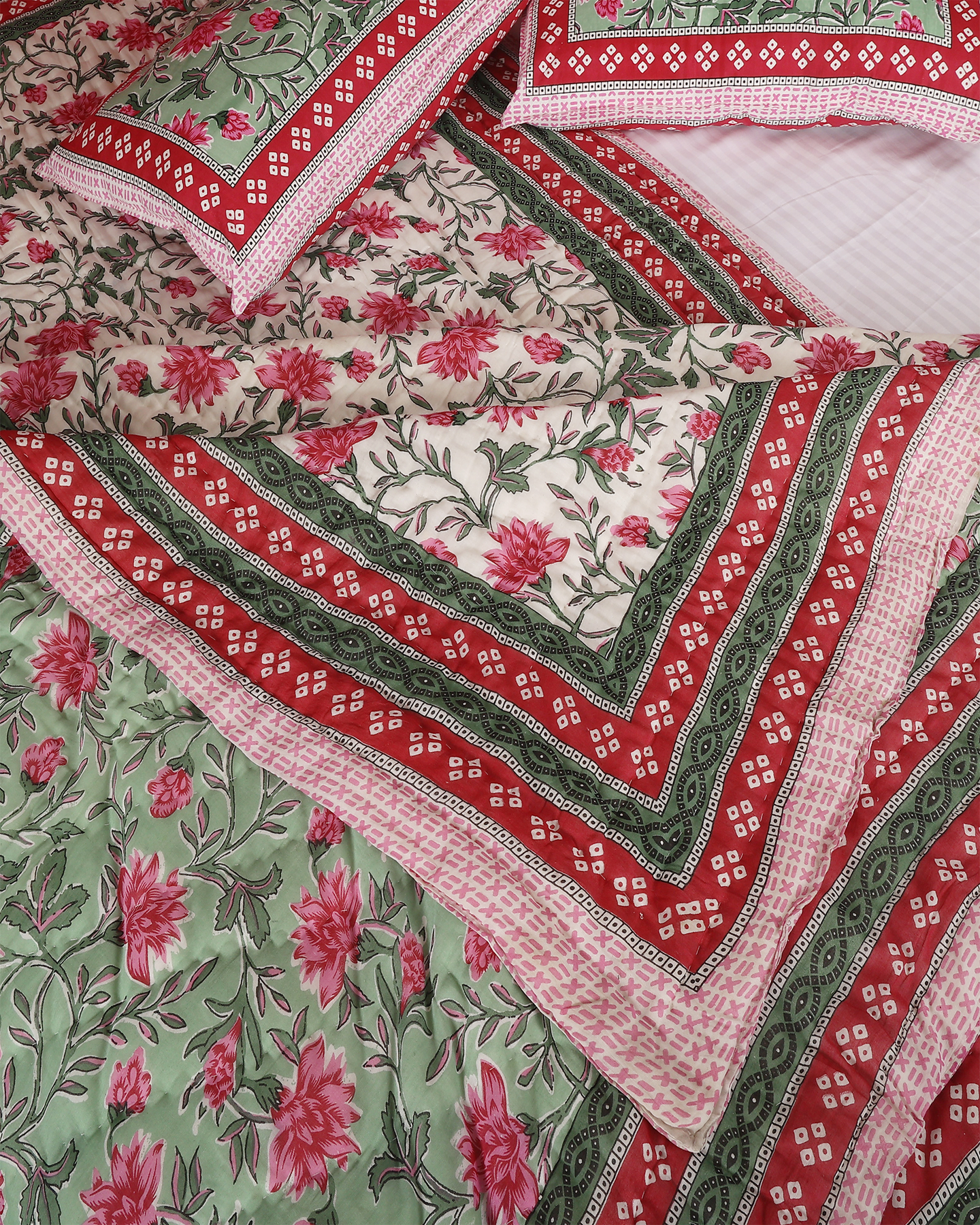 Light Green Hand Block Printed Reversible Double Bed Quilt Set